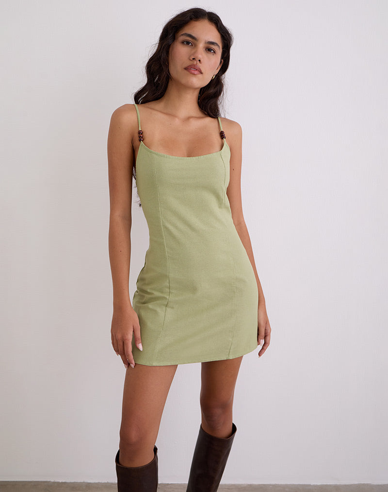 Ambra Linen Mini Dress in Sage Green Linen Sage Green 5
