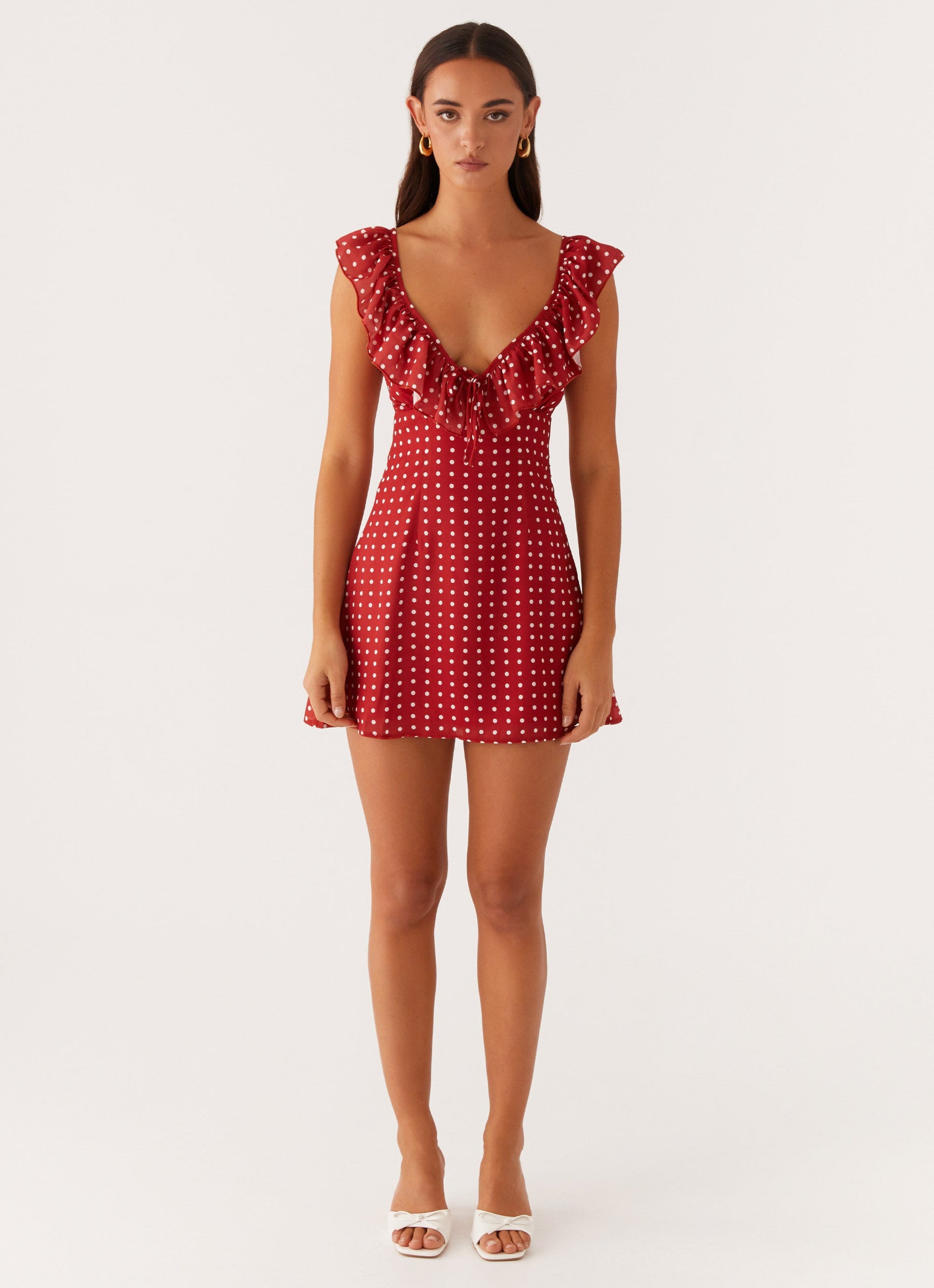 Adrina Ruffle Mini Dress in Pink Floral Red Polka Dot 3