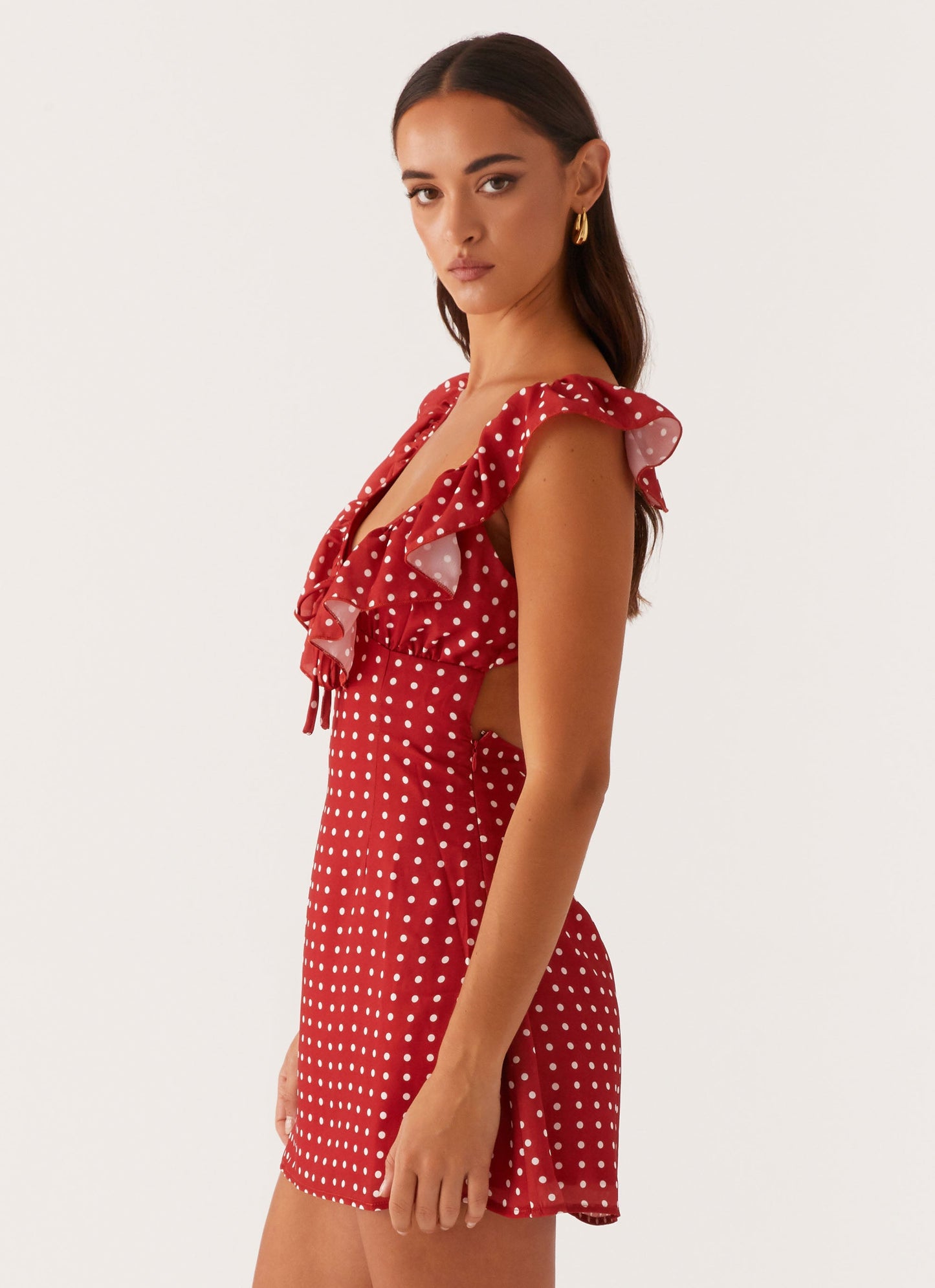 Adrina Ruffle Mini Dress in Pink Floral Red Polka Dot 4