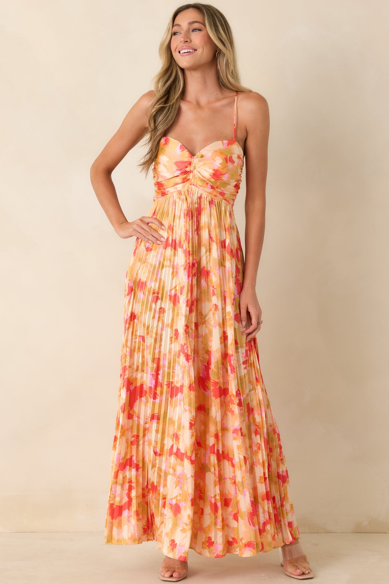 Arabella Painted Satin Maxi Dress Sunshine Peach & Red Multi Satin Finish Pleated Maxi Dress 6