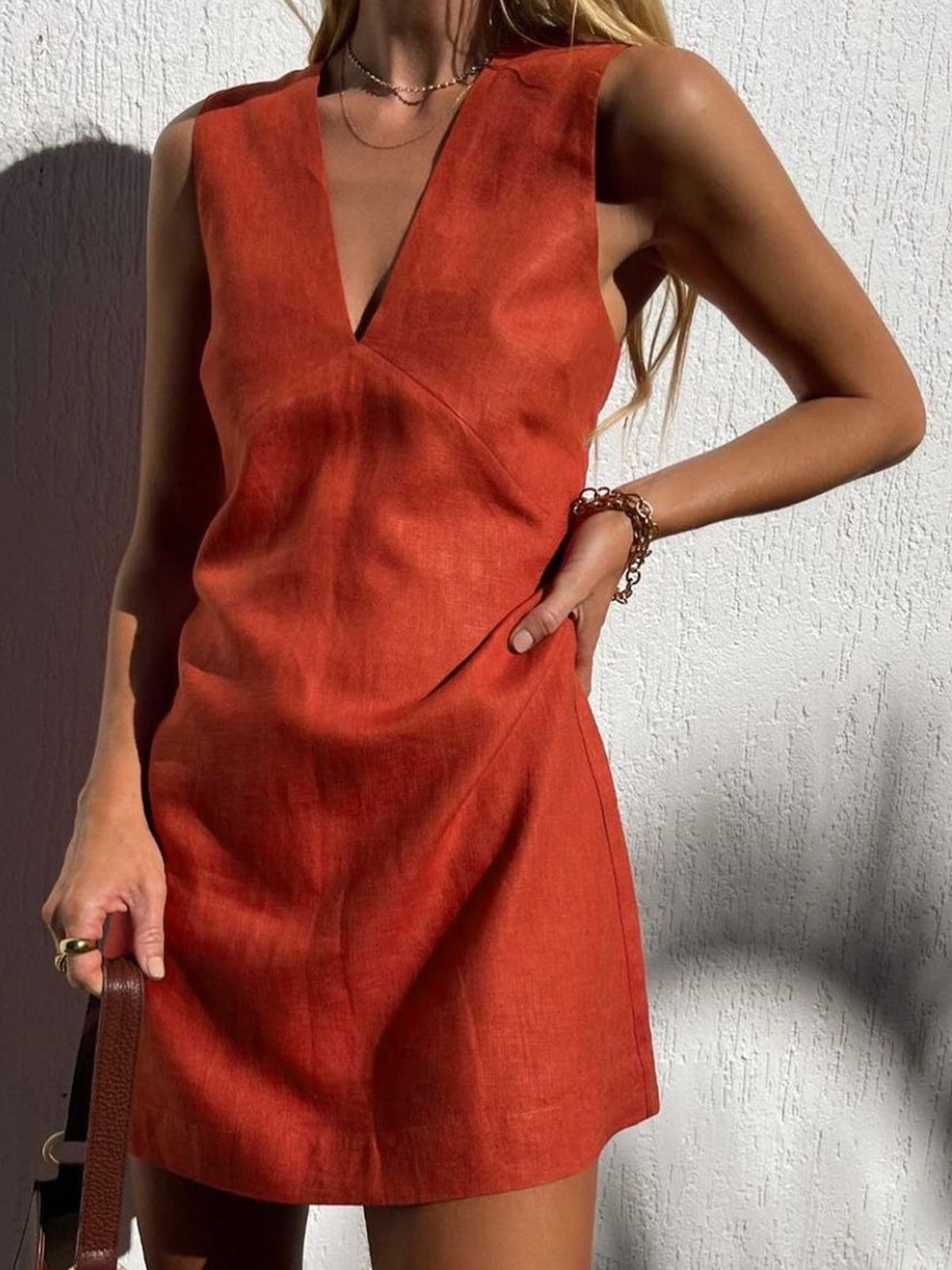 Celeste Cotton Linen V-Neck Mini Dress Multi 1