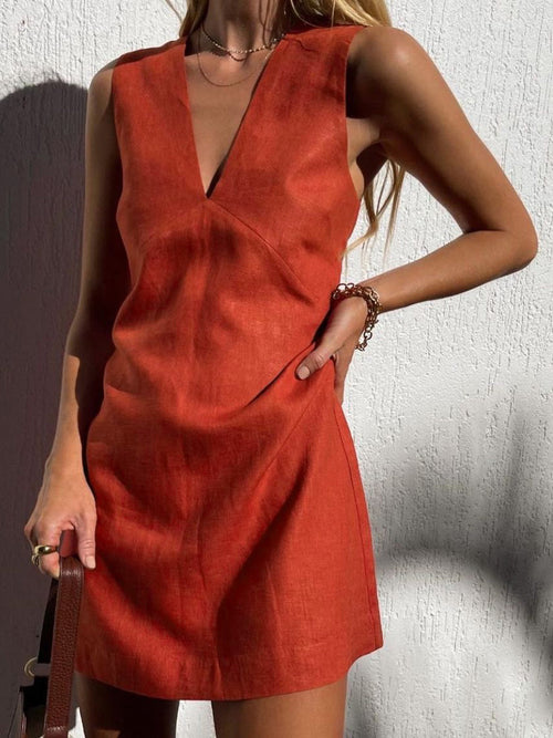 Celeste Cotton Linen V-Neck Mini Dress Multi 1