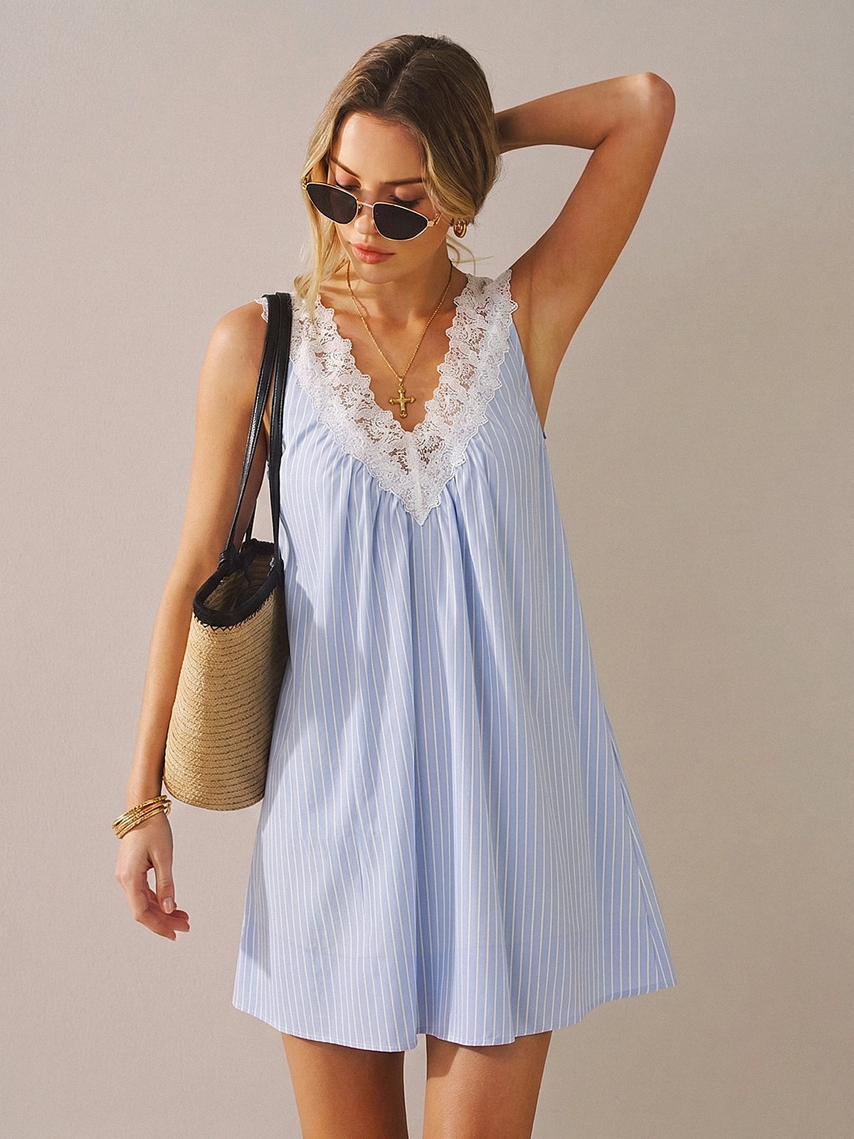Delilah Striped Lace Trim Mini Dress Neck Mini Dress 1
