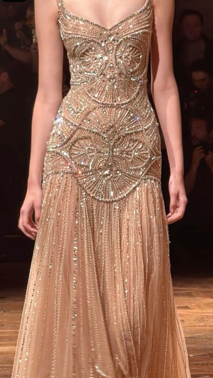 Evangeline Beaded Tulle Mermaid Gown As Photo(Champagne) 2