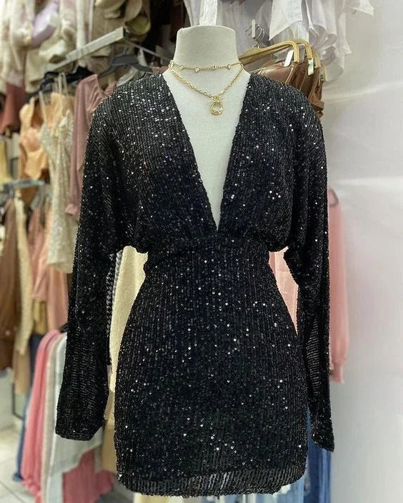 Margot Sequin Deep-V Homecoming Dress Black 1
