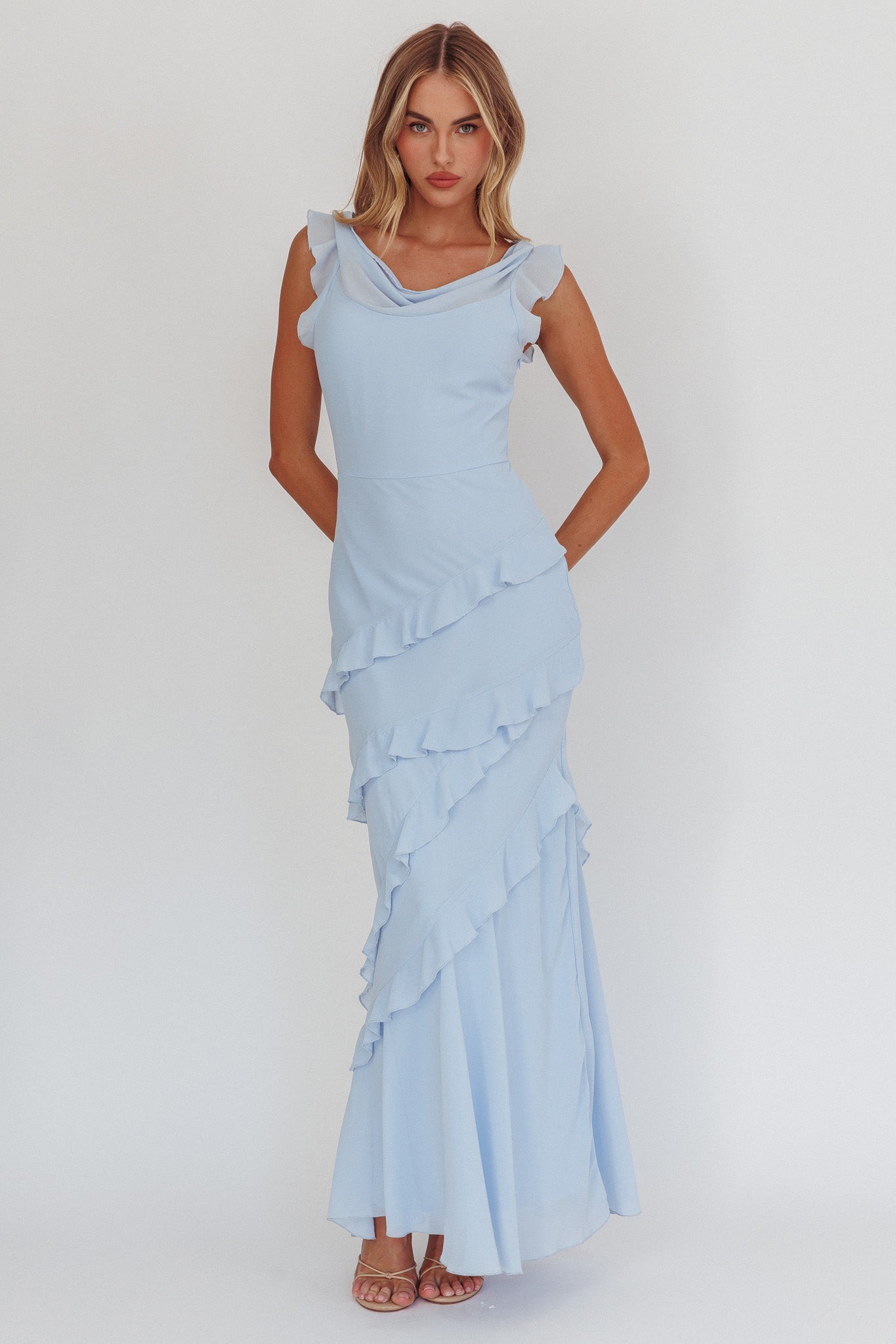Valentina Cowl Neck Ruffle Maxi Dress in Sapphire 1