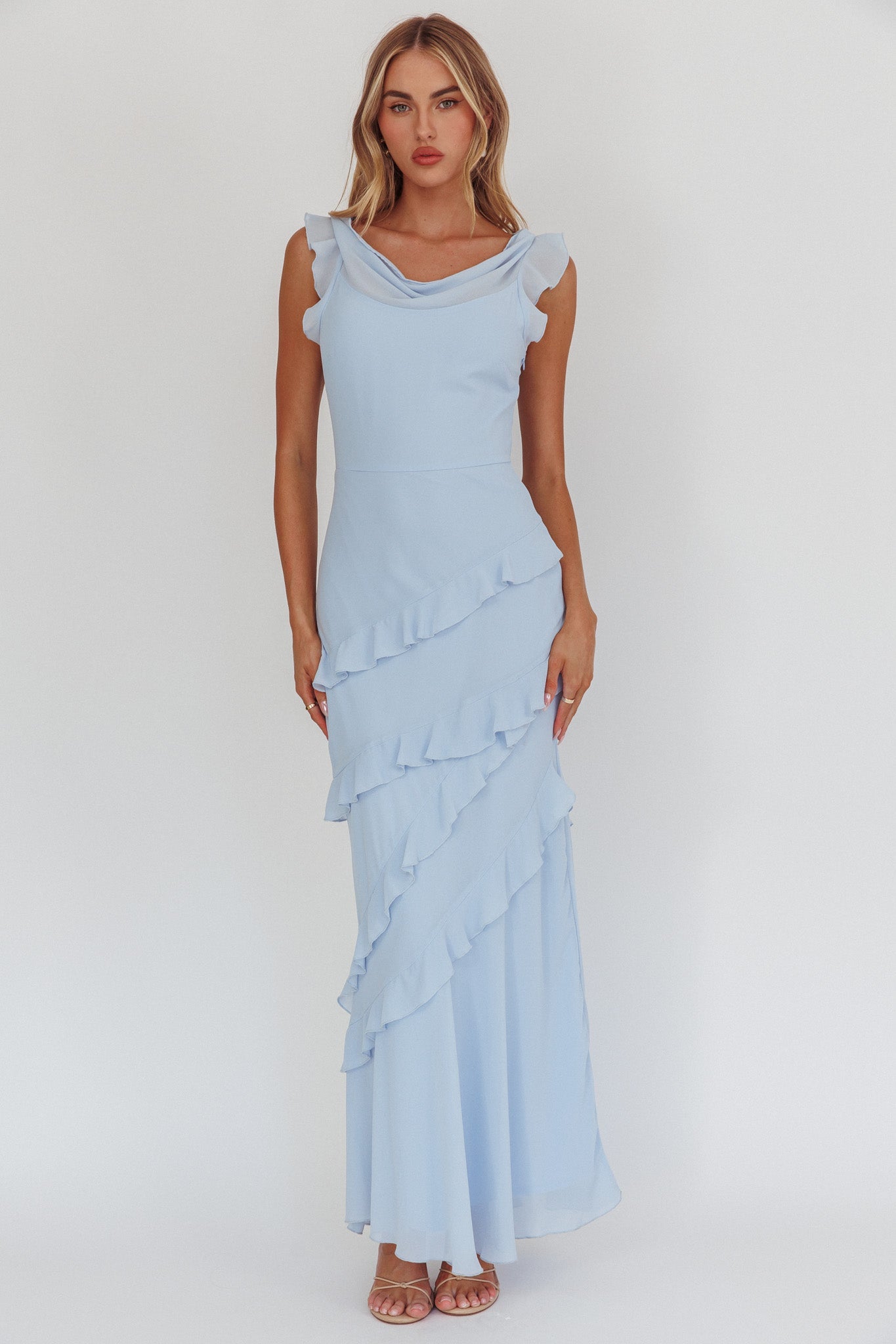 Valentina Cowl Neck Ruffle Maxi Dress in Sapphire 2