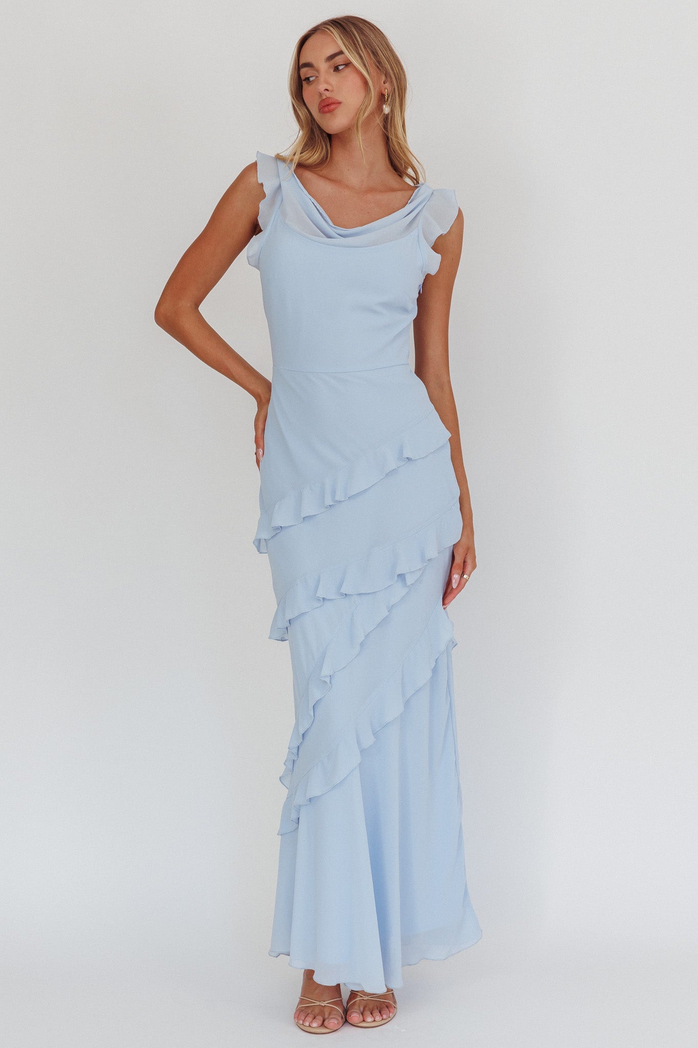 Valentina Cowl Neck Ruffle Maxi Dress in Sapphire 5