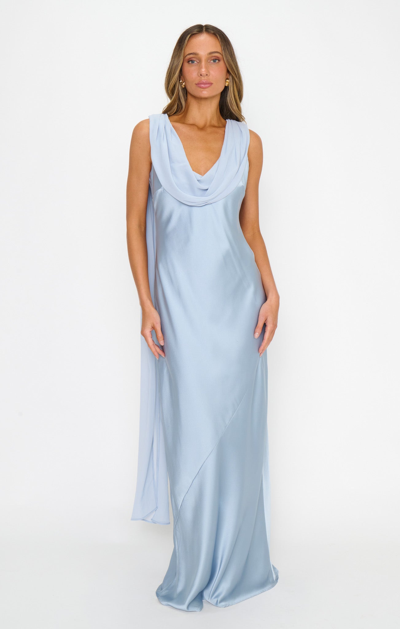 Maya Luxe Satin Maxi Dress in Steel Blue 2