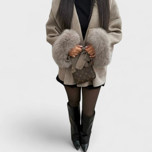 Thea Wool Coat with Faux Fur Beige 1