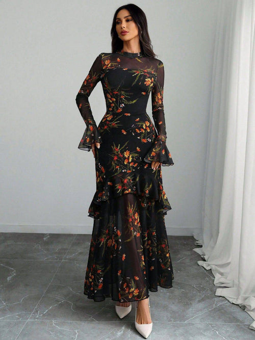 Margot Mesh Ruffle Maxi Dress in Black Floral Black 1