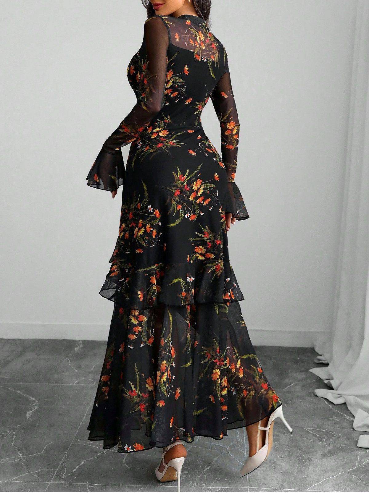Margot Mesh Ruffle Maxi Dress in Black Floral Black 2