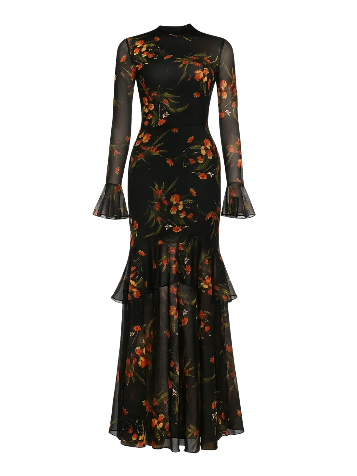 Margot Mesh Ruffle Maxi Dress in Black Floral Black 4