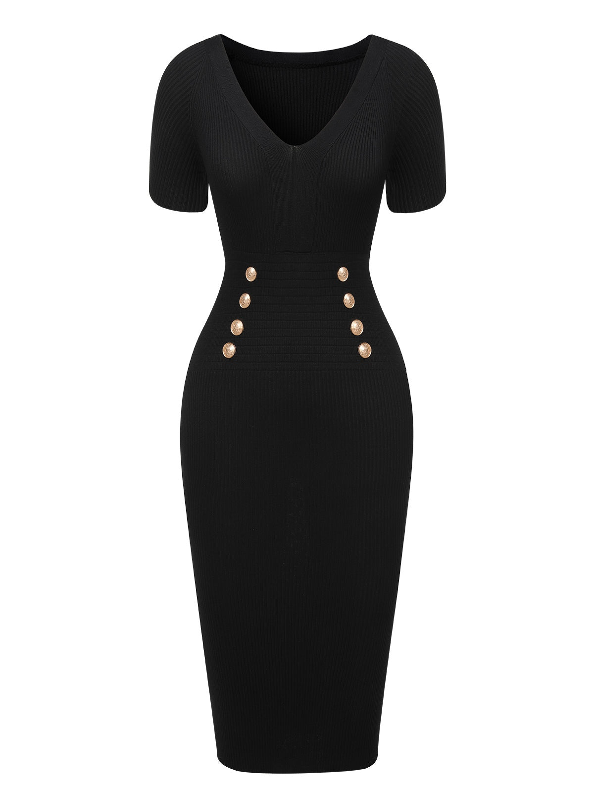Josephine V-Neck Button Dress in Black Black 1