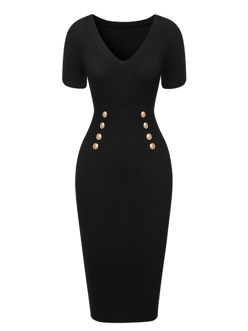 Josephine V-Neck Button Dress in Black Black 1
