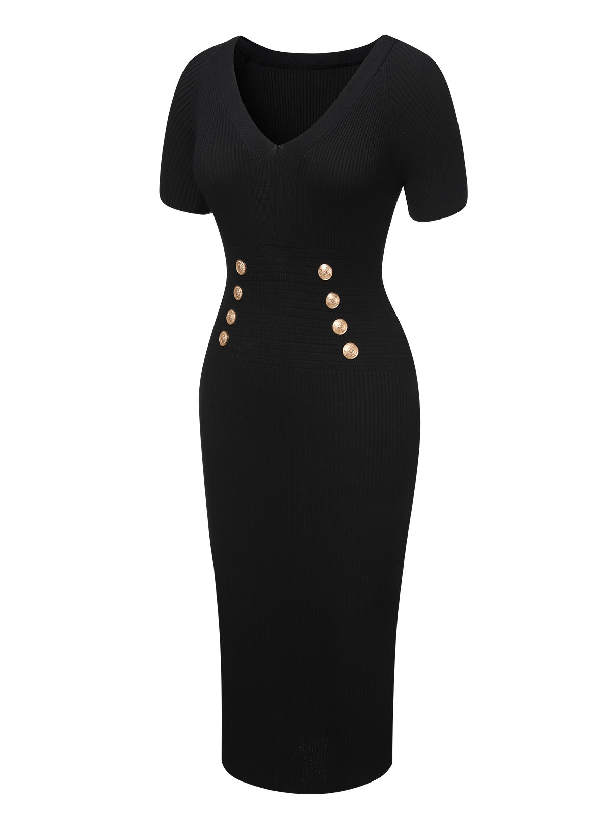 Josephine V-Neck Button Dress in Black Black 2