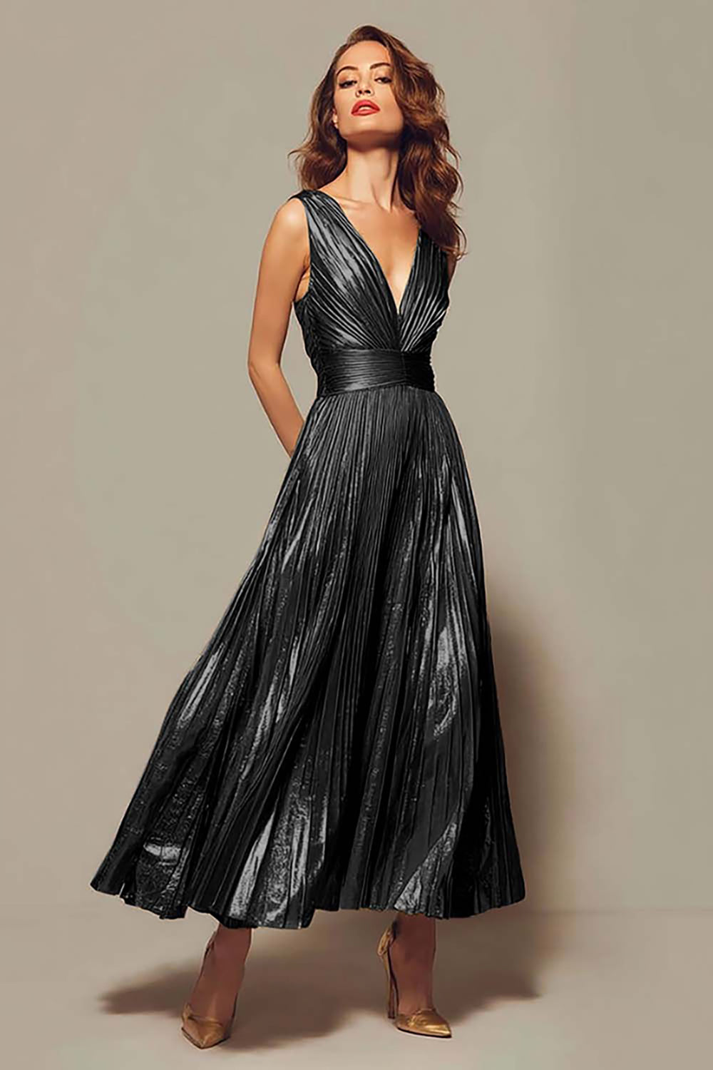 Valentina Gold Metallic Pleated Gown Fuchsia 5