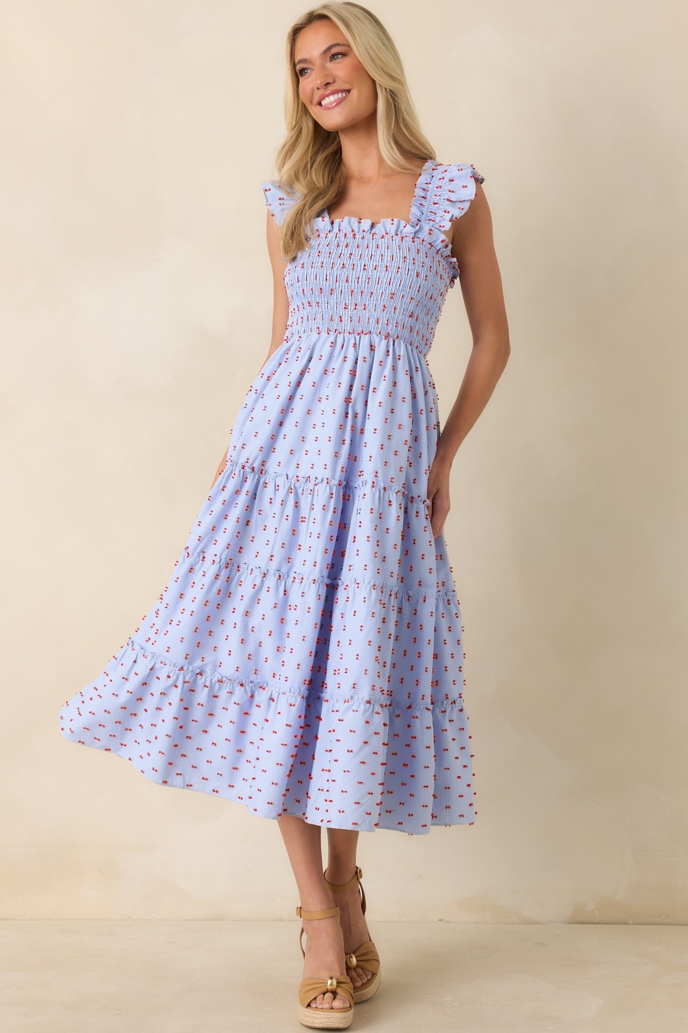 Prosperina Gingham Embroidered Midi Dress Blue 5