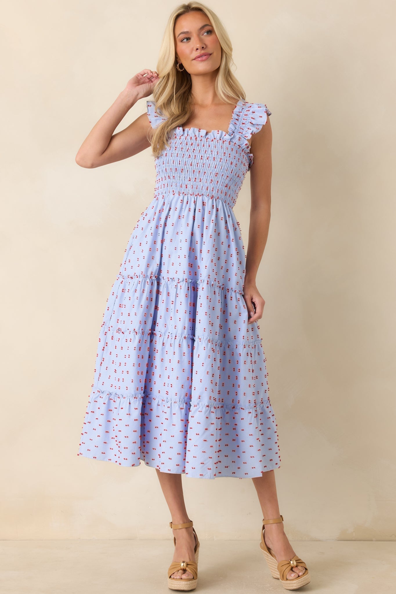 Prosperina Gingham Embroidered Midi Dress Blue 7