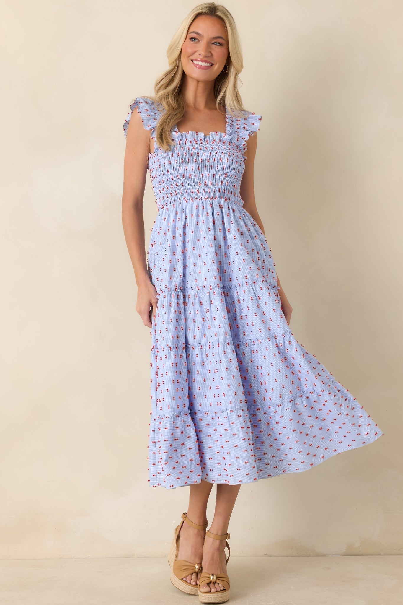 Prosperina Gingham Embroidered Midi Dress Blue 3