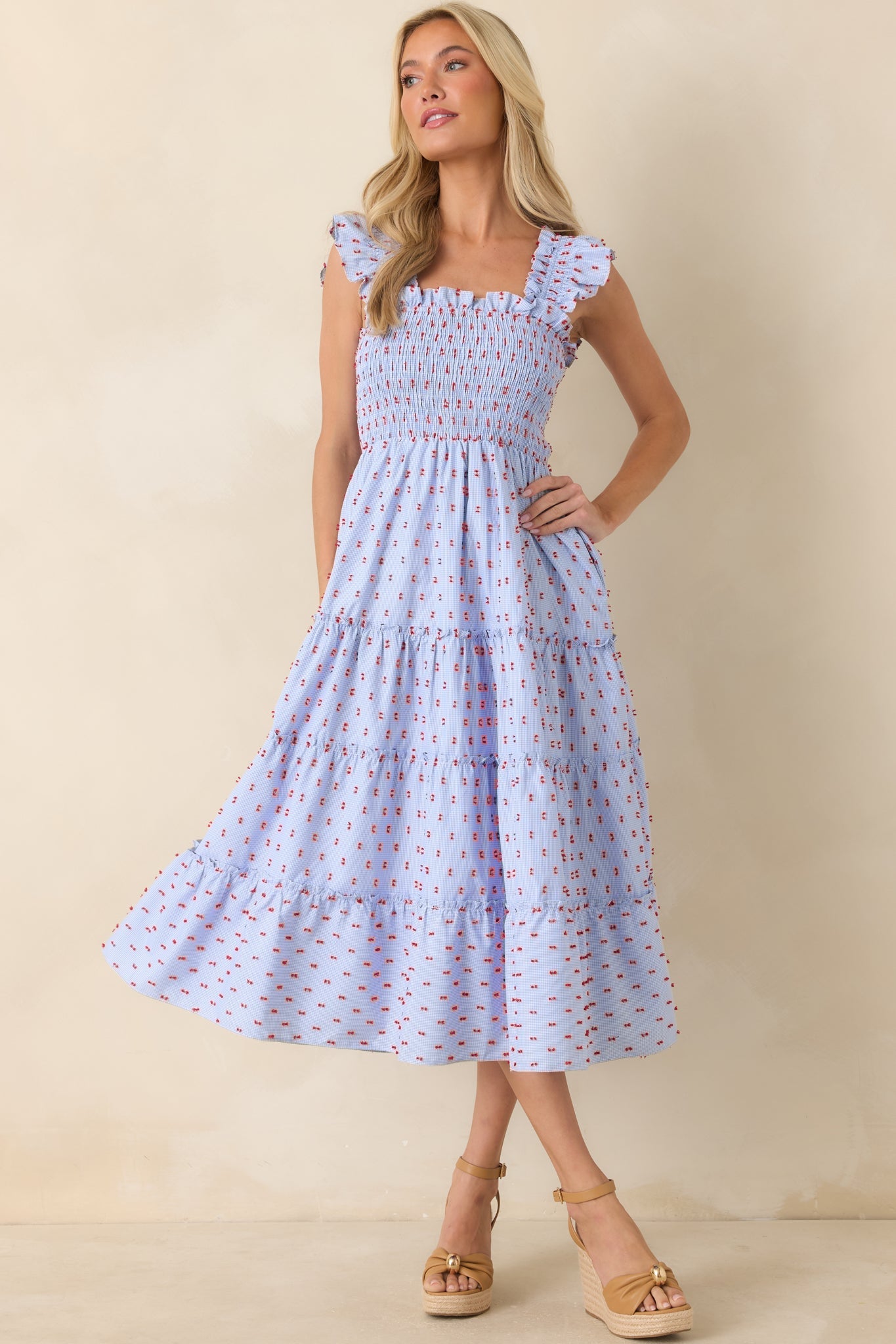 Prosperina Gingham Embroidered Midi Dress Blue 1