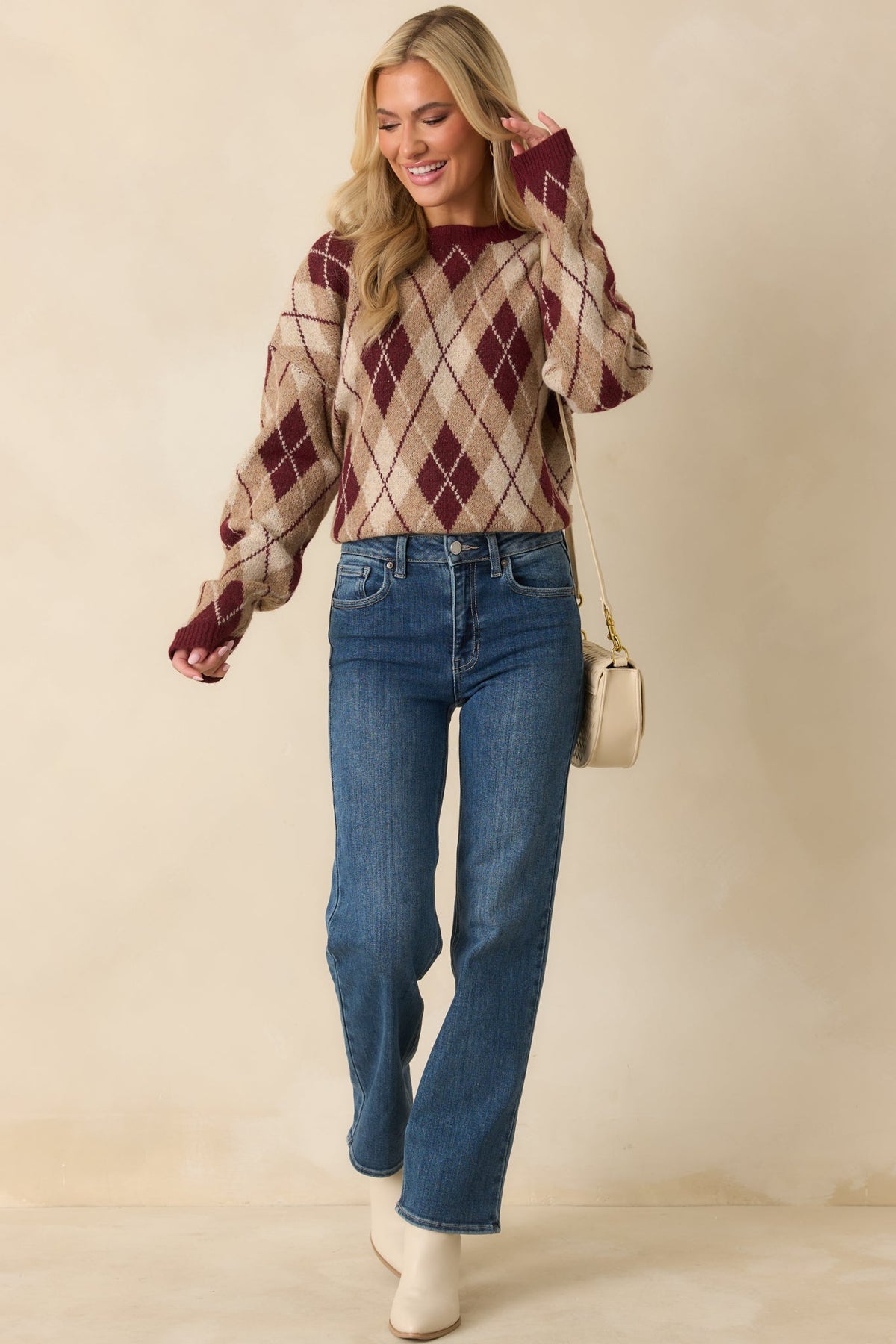 Margot Knit Sweater in Burgundy Argyle Multi 1