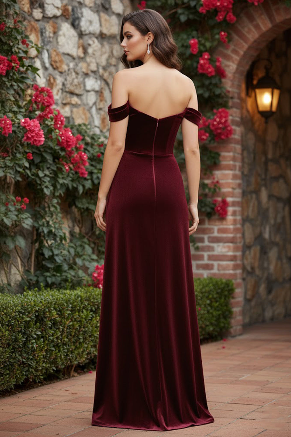 Arabella Velvet Off-Shoulder Formal Dress Burgundy 4