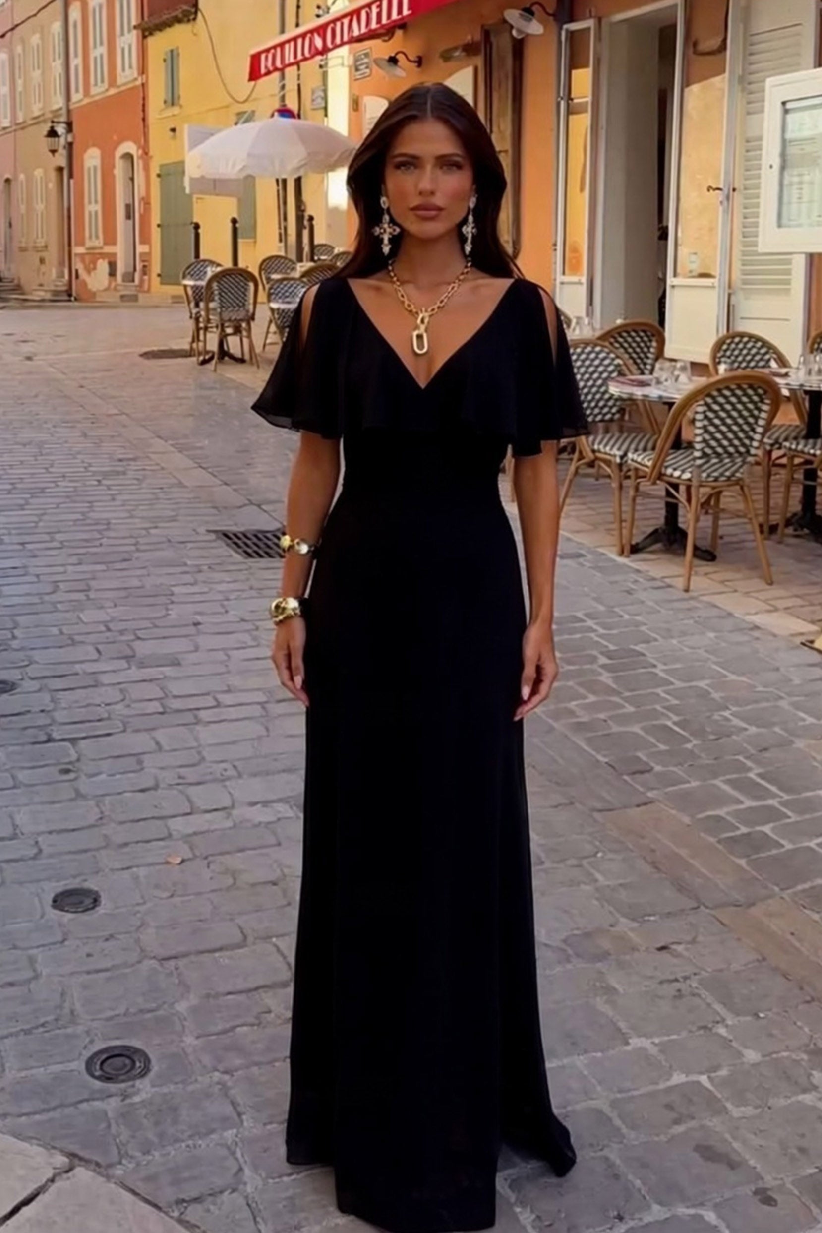 Valentina Chiffon Column Dress in Fiery Red Veiled Rose 3