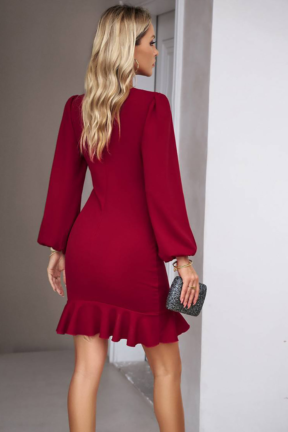 Margot Bodycon Party Dress with Puff Sleeves Burgundy 6