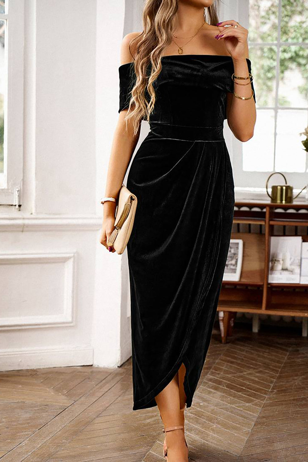 Margot Burgundy Velvet Off-Shoulder Dress Royal Blue 7