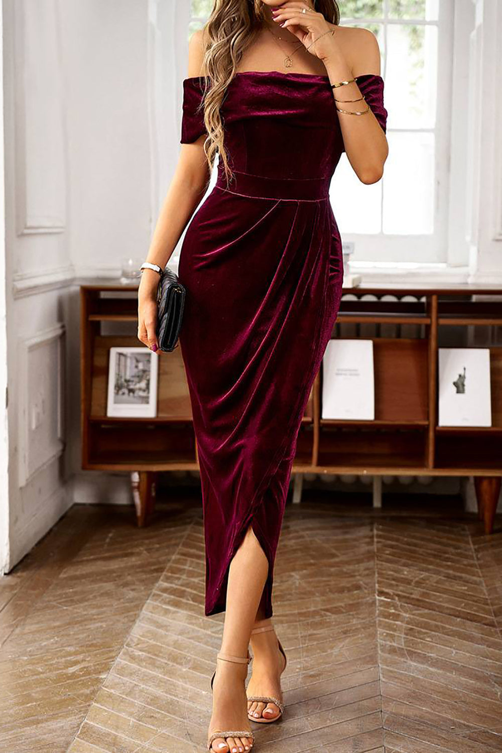 Margot Burgundy Velvet Off-Shoulder Dress Royal Blue 4