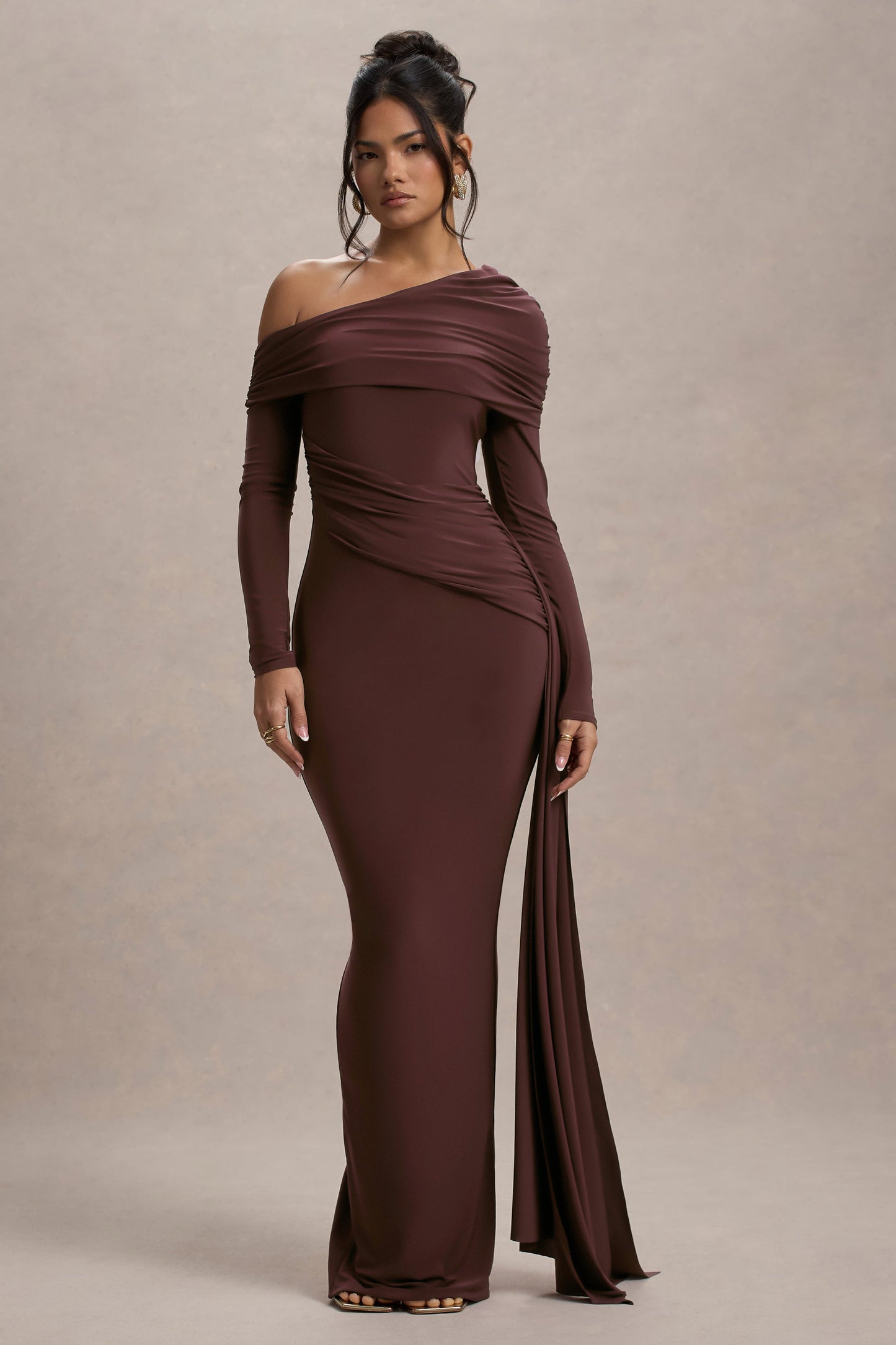 Valina Ruched Asymmetric Maxi Dress DARK BROWN 1