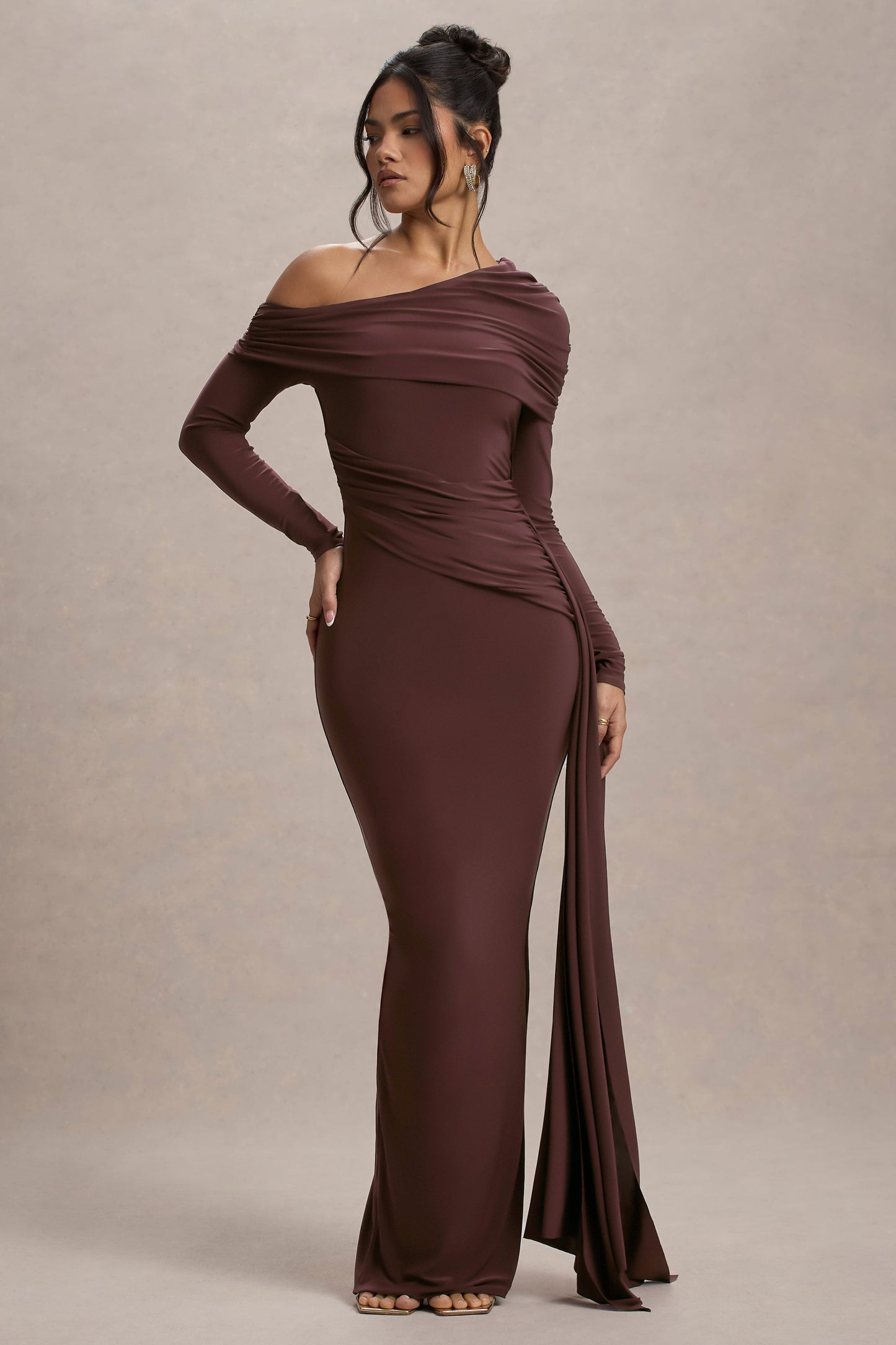 Valina Ruched Asymmetric Maxi Dress DARK BROWN 4