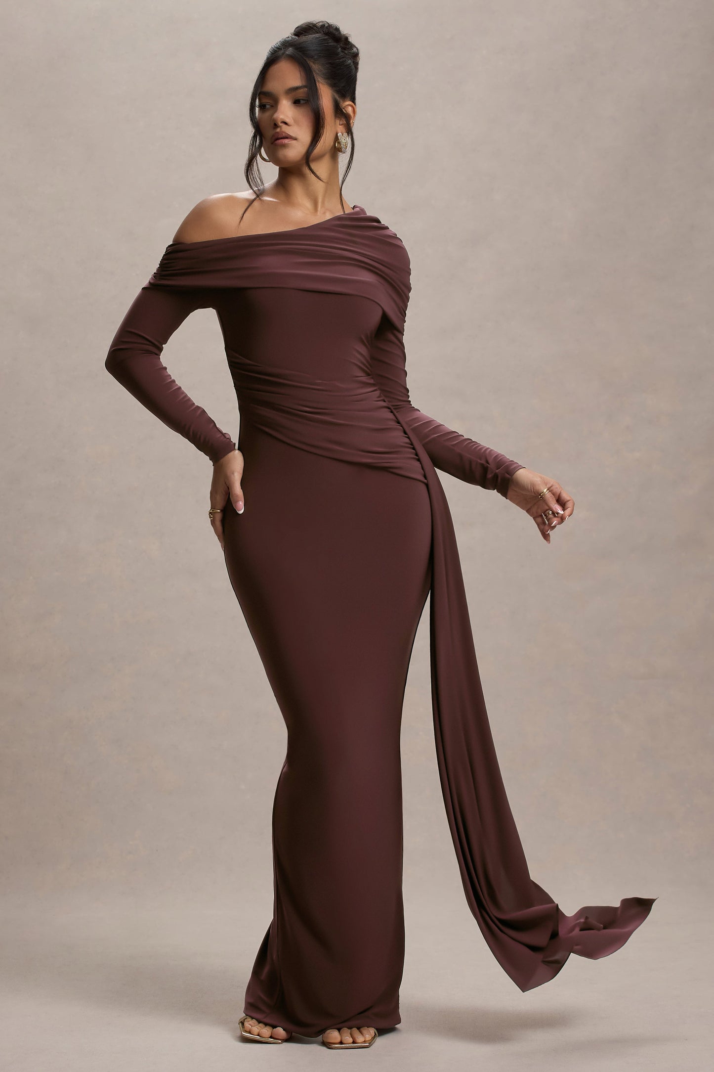 Valina Ruched Asymmetric Maxi Dress DARK BROWN 6