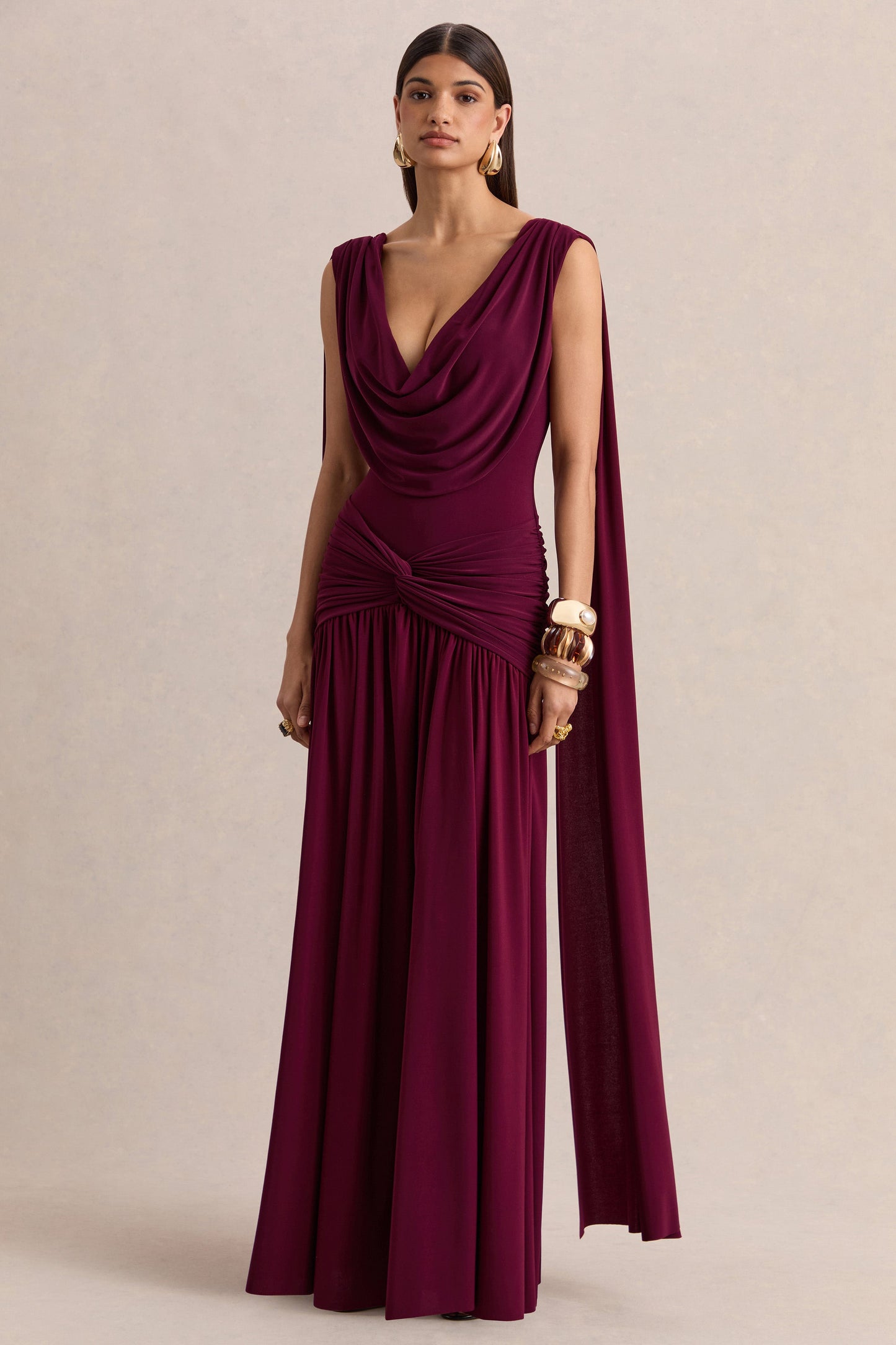Amelisse Burgundy Plunge Maxi Dress Detailing 6