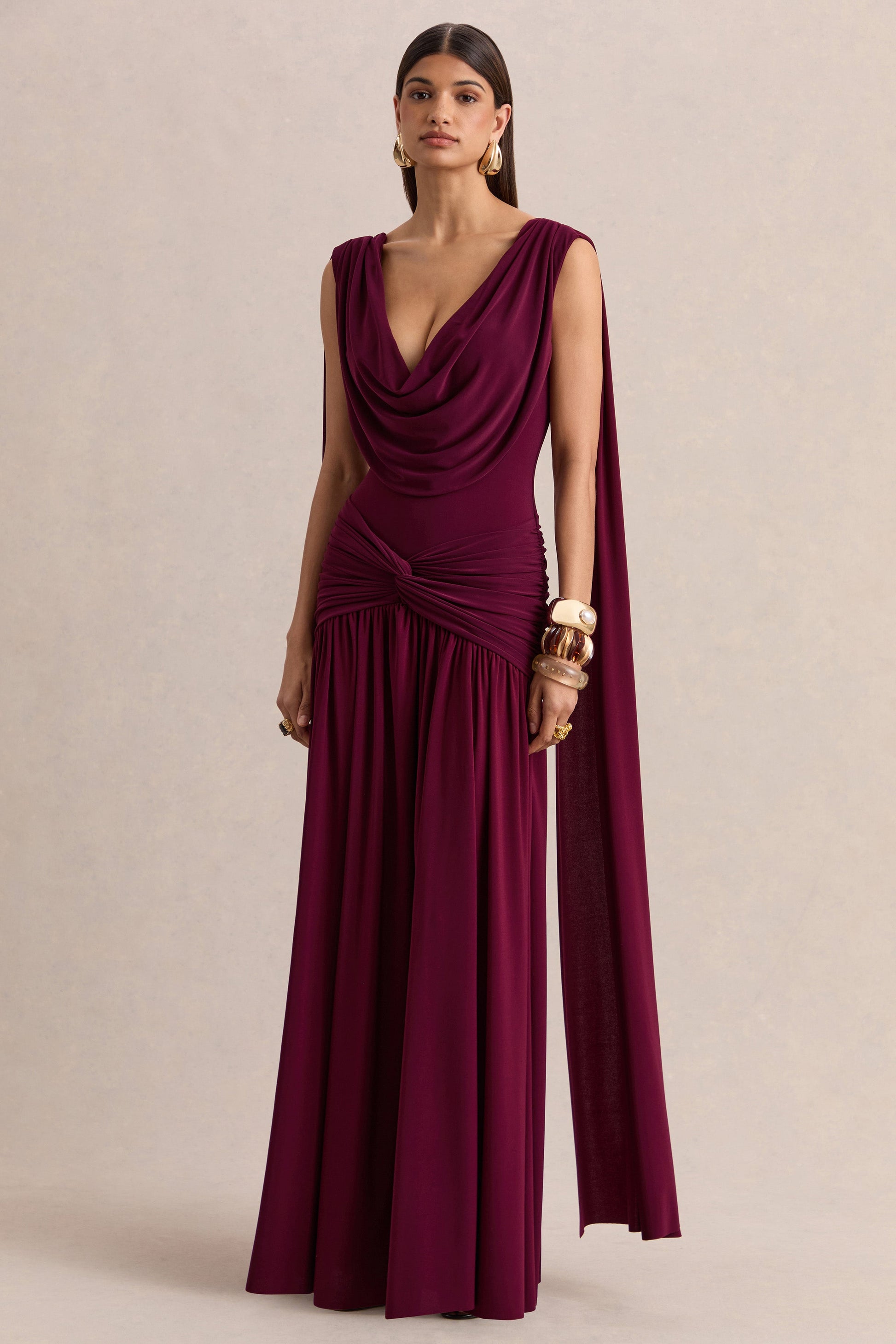 Amelisse Burgundy Plunge Maxi Dress Detailing 6
