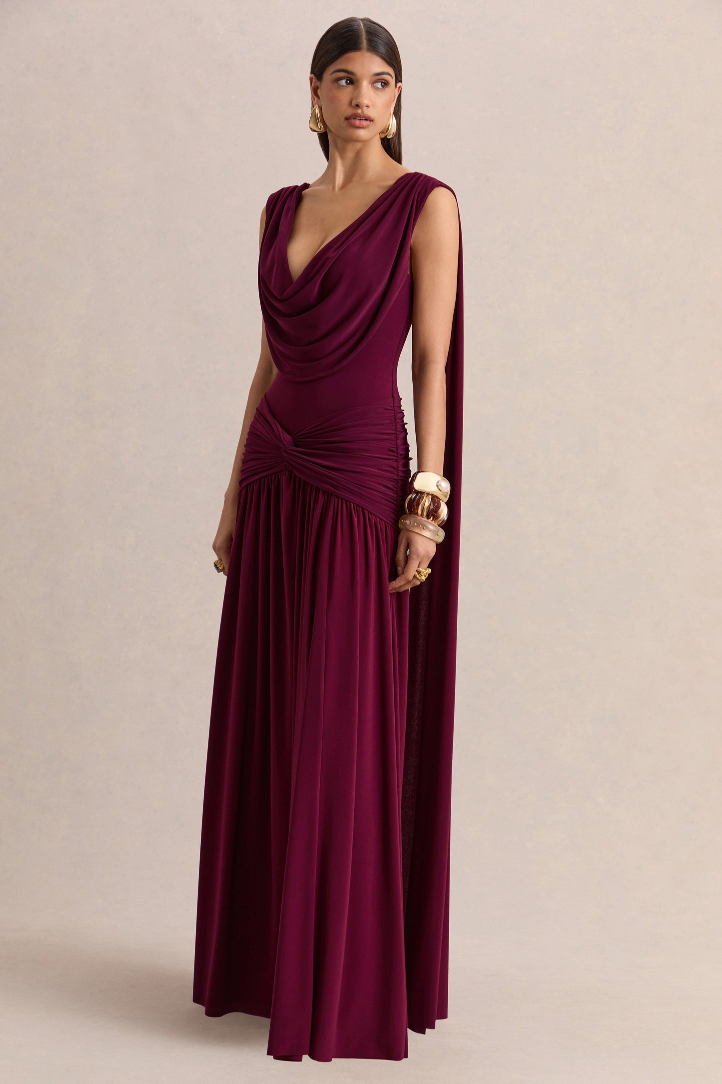 Amelisse Burgundy Plunge Maxi Dress Detailing 1