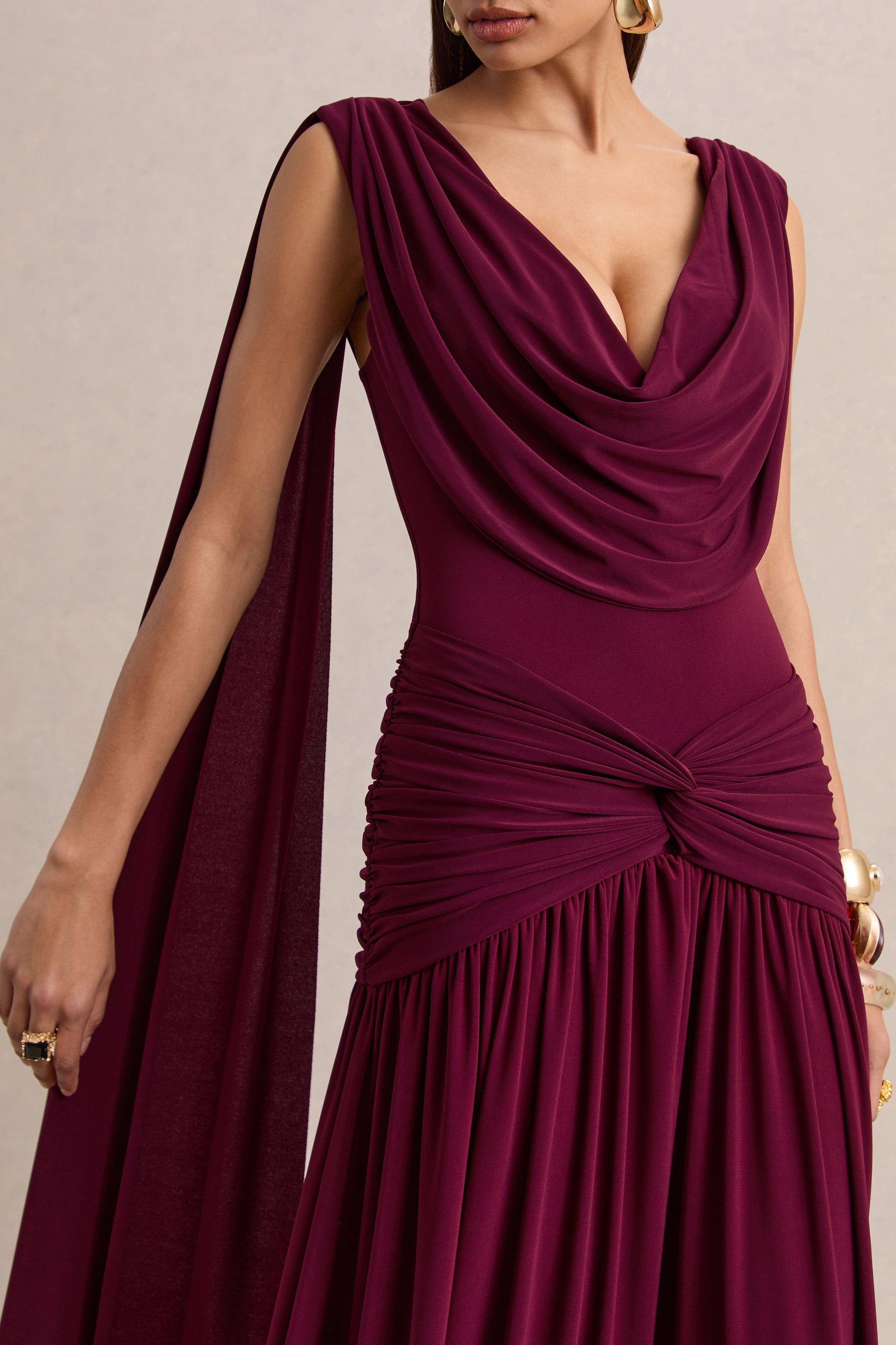 Amelisse Burgundy Plunge Maxi Dress Detailing 5