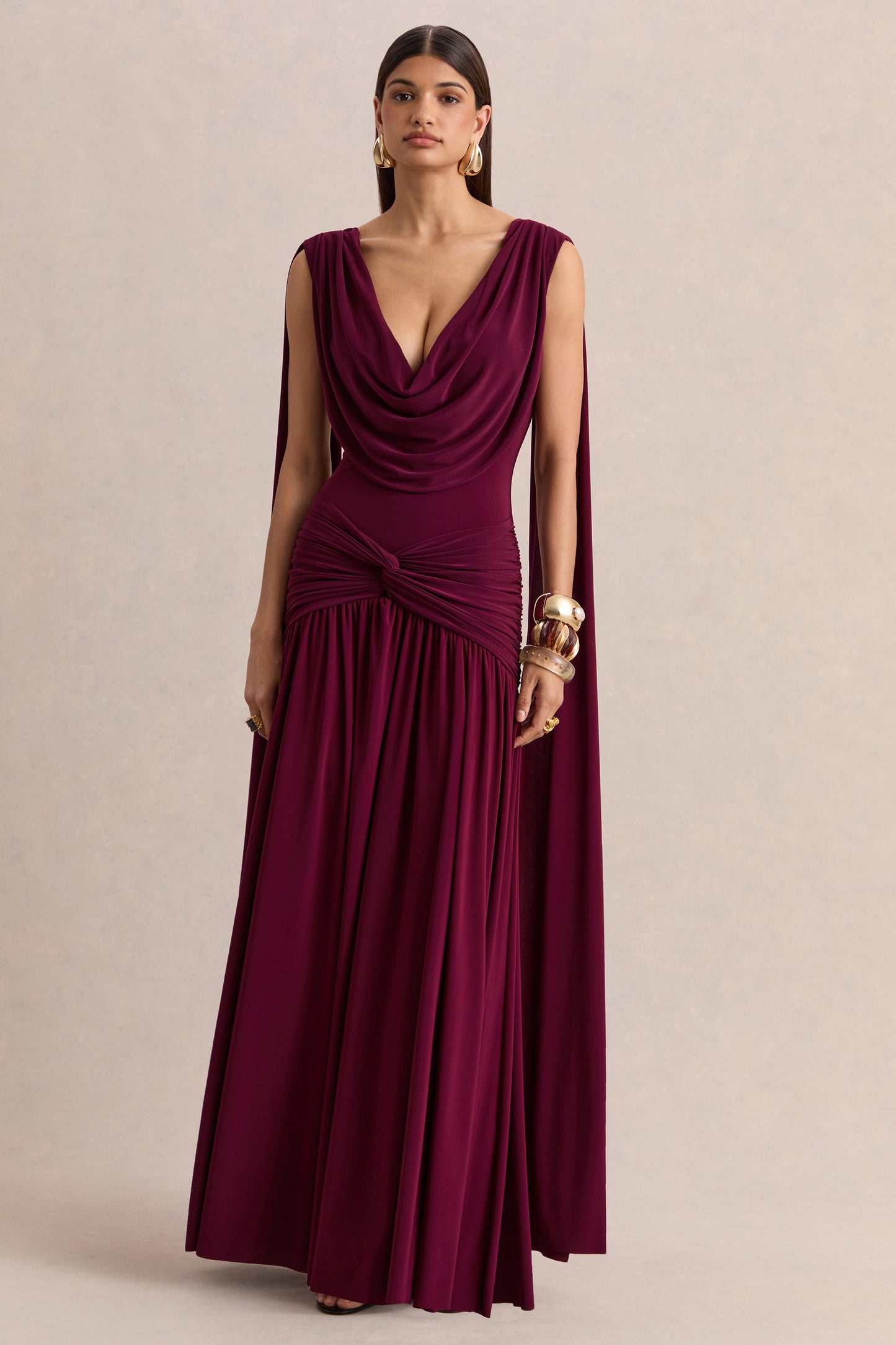 Amelisse Burgundy Plunge Maxi Dress Detailing 4