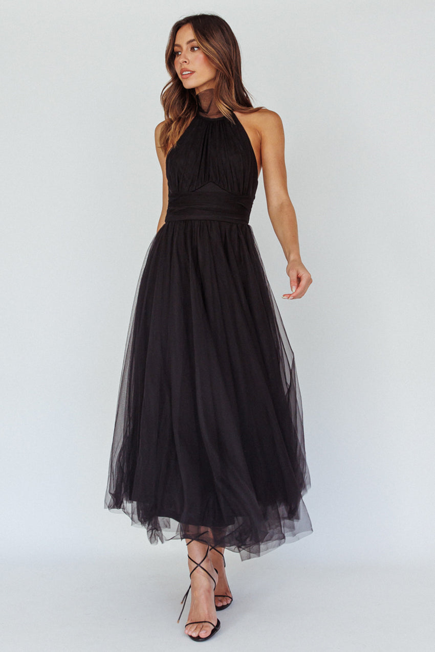 Andria Halterneck Tulle Midi Dress Black 1