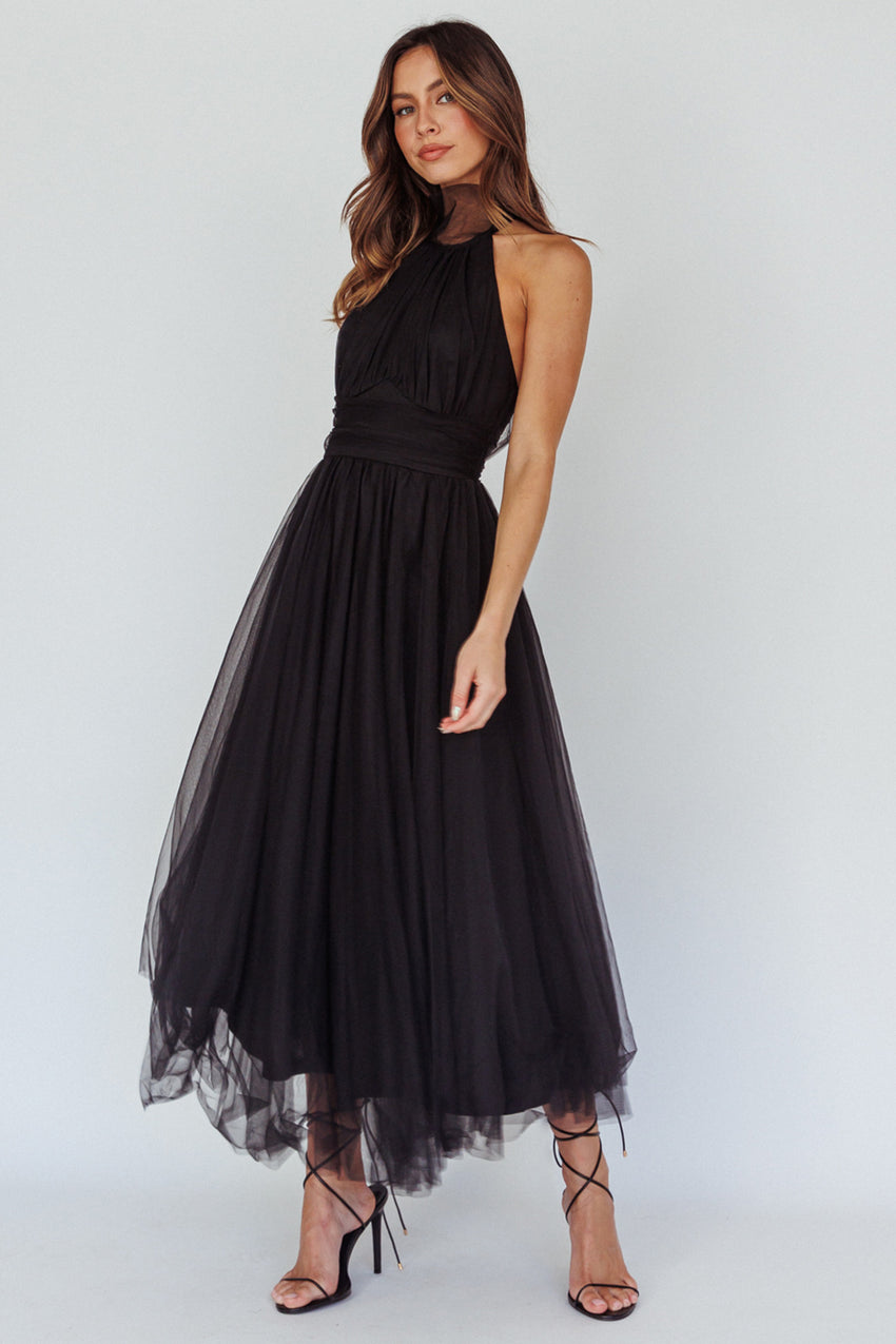 Andria Halterneck Tulle Midi Dress Black 3
