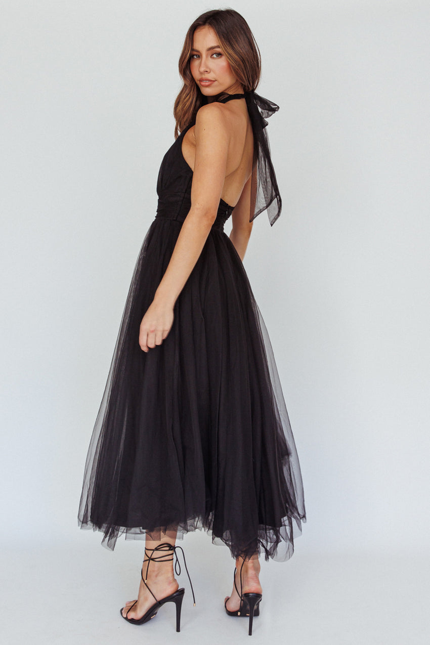 Andria Halterneck Tulle Midi Dress Black 2