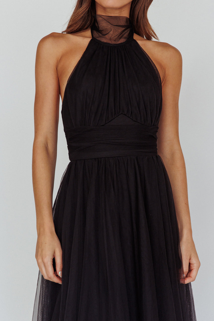 Andria Halterneck Tulle Midi Dress Black 4