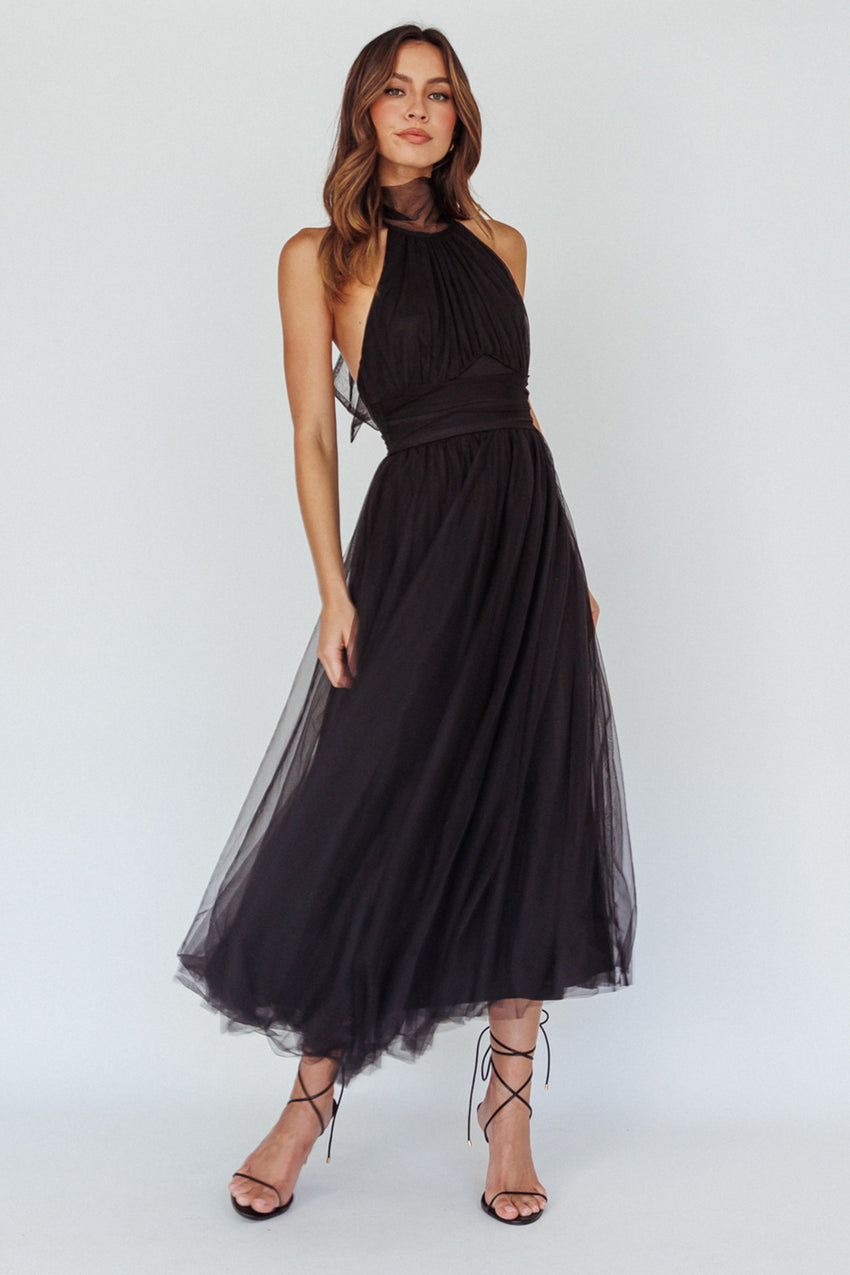 Andria Halterneck Tulle Midi Dress Black 5