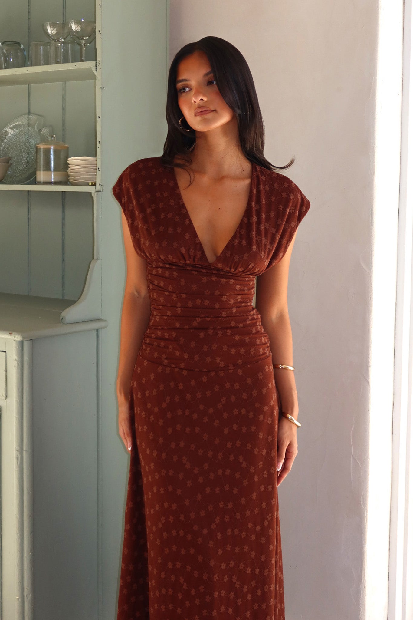 Novia Ruched Bodice Maxi Dress in Chocolate 2