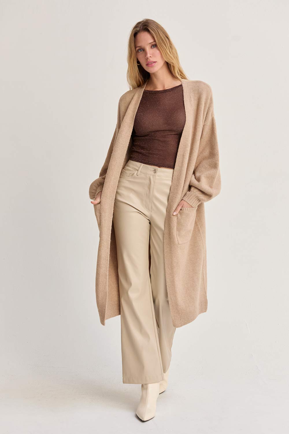 Elena Long Cardigan with Balloon Sleeves Dark Brown 2