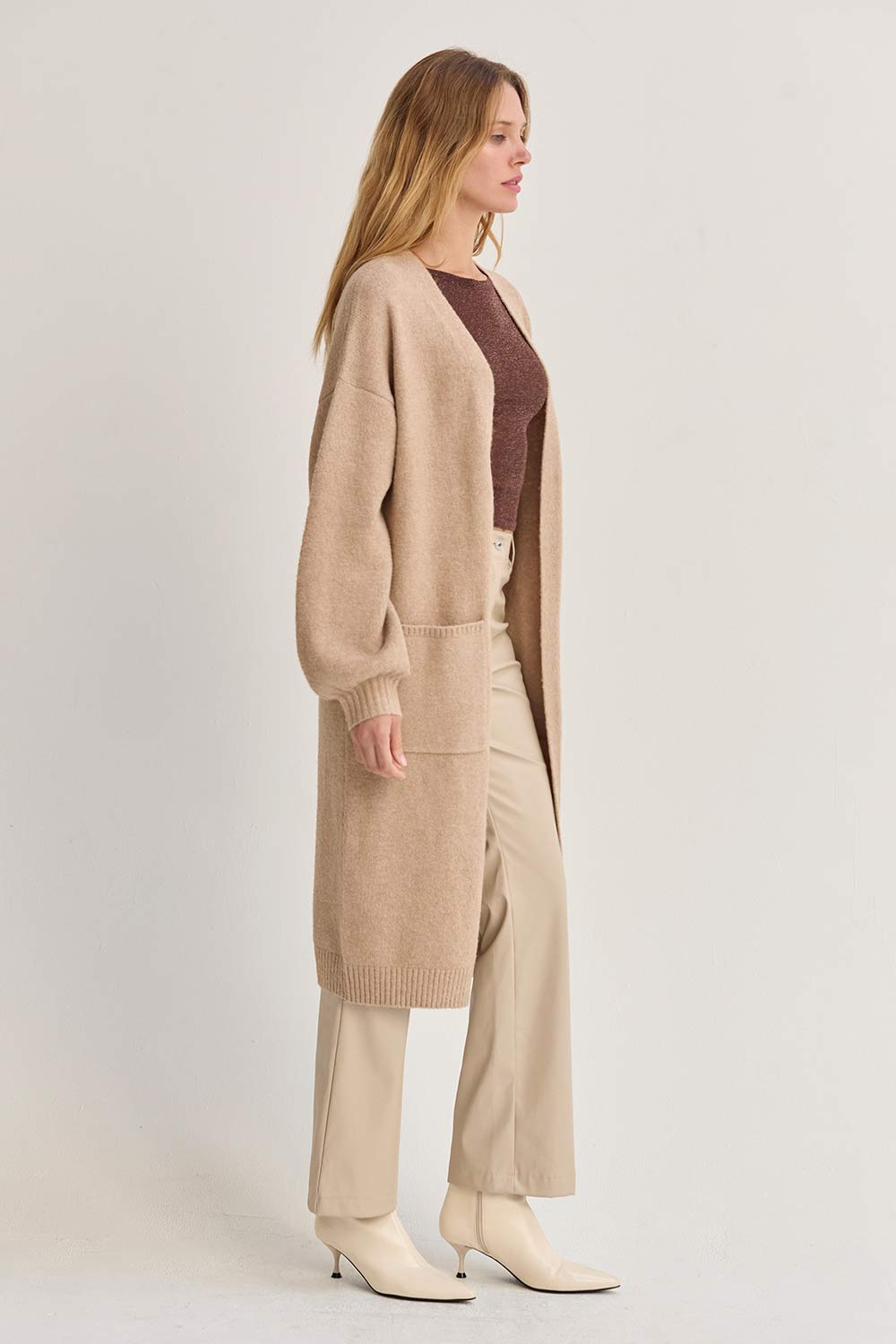 Elena Long Cardigan with Balloon Sleeves Oatmeal 3