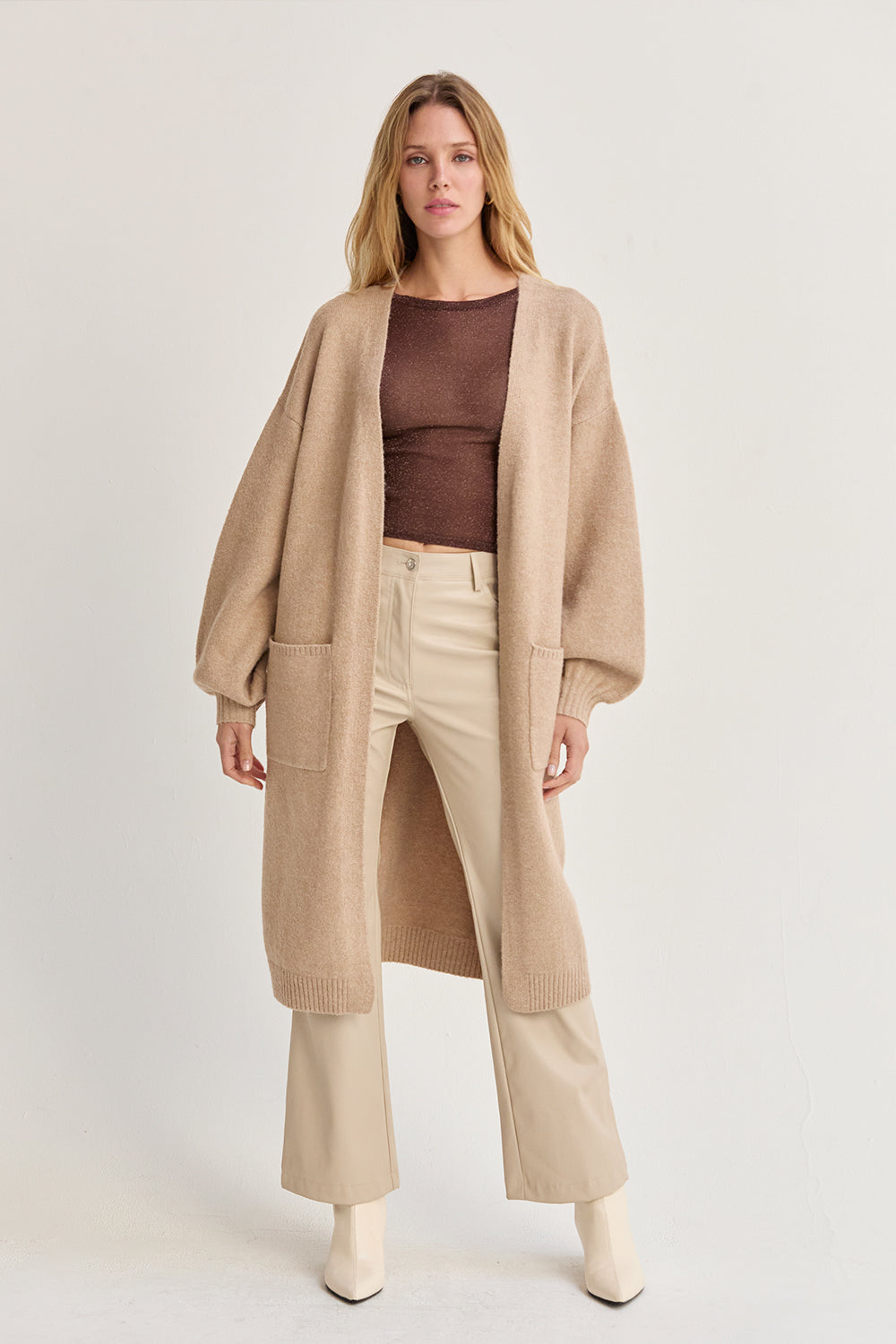 Elena Long Cardigan with Balloon Sleeves Dark Brown 1