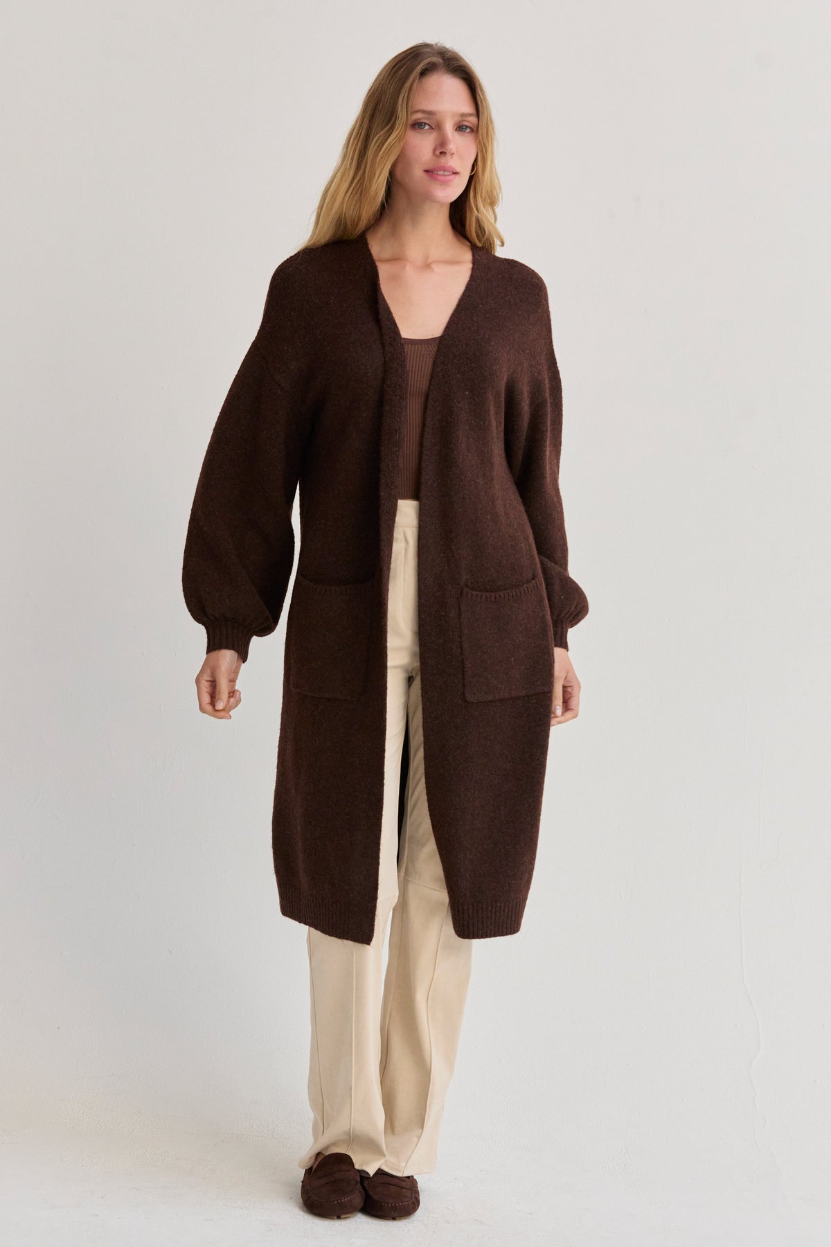 Elena Long Cardigan with Balloon Sleeves Oatmeal 7