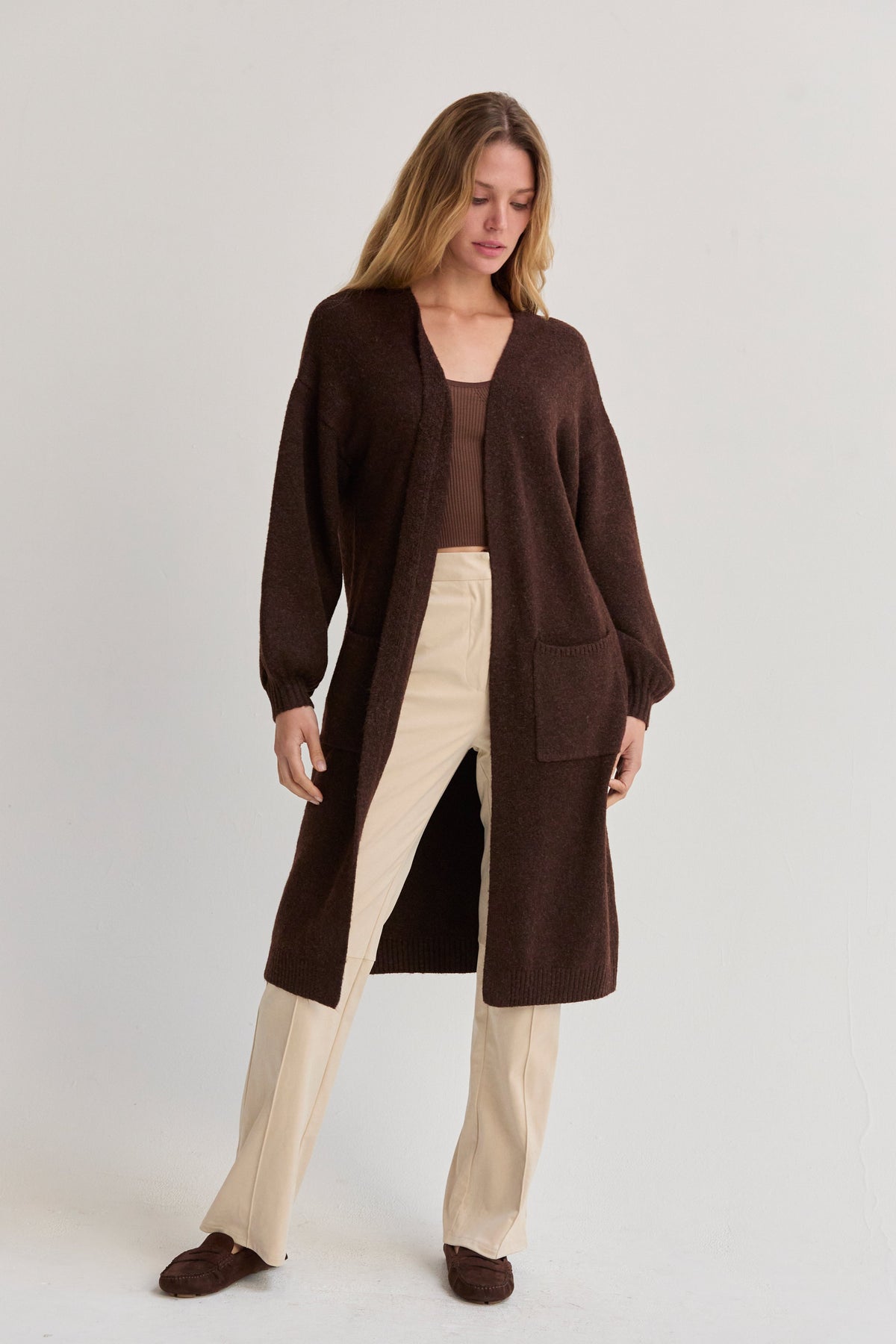 Elena Long Cardigan with Balloon Sleeves Oatmeal 6